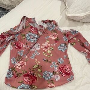 New York & Company Pink Floral Cold Shoulder Blouse